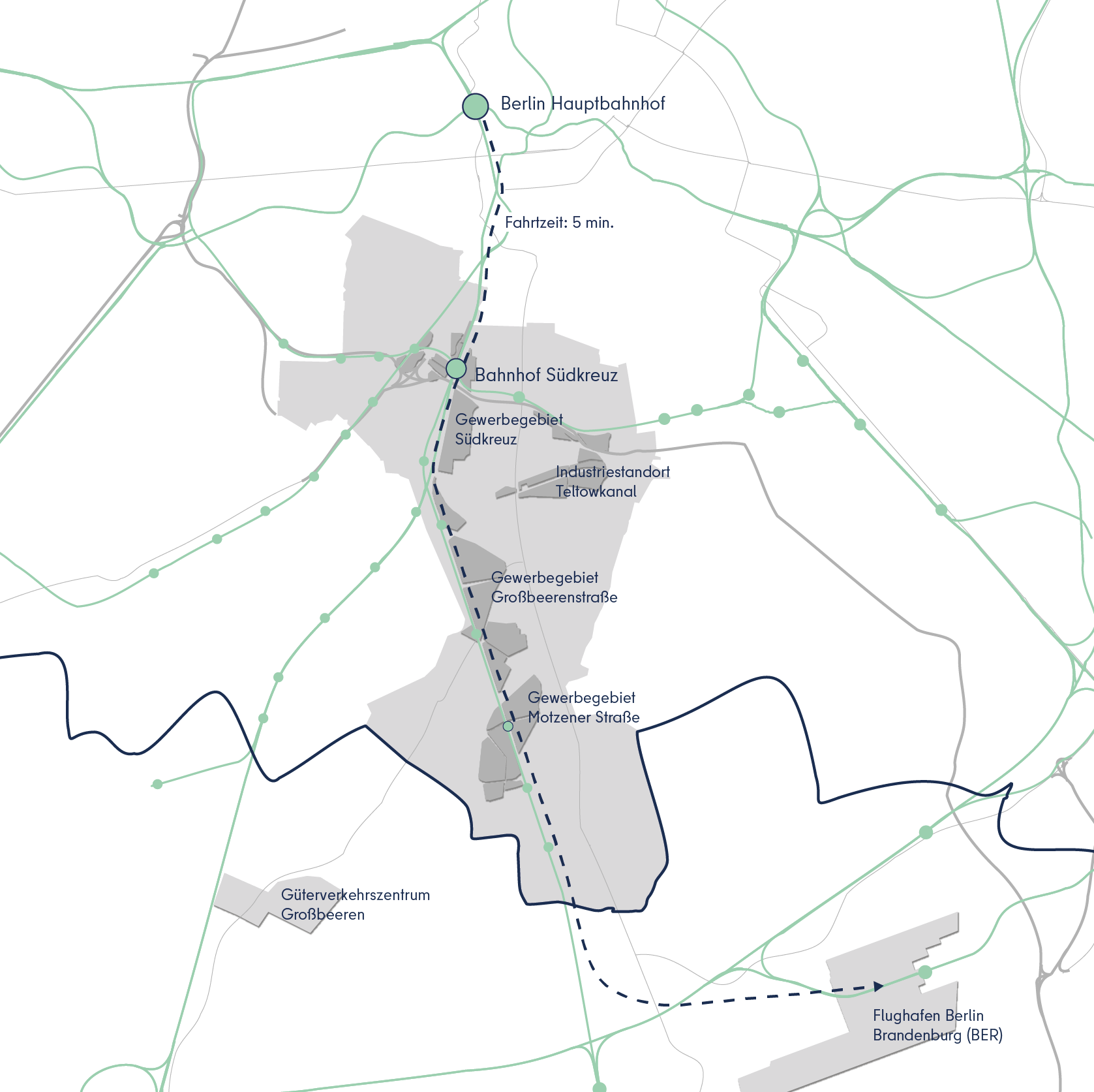 Karte des Bezirks eingebettet in den Gesamtraum Berlin-Brandenburg mit Verkehrsverbindungen